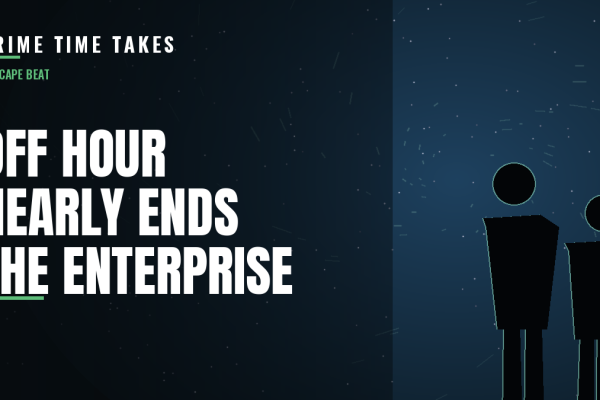 Prime Time Takes Cape Beat featured graphic for Star Trek: Strange New Worlds season 4 episode 6 "Off Hour" — two silhouetted crew members facing a glowing slipstream wormhole, headline reads "Off Hour Nearly Ends the Enterprise"