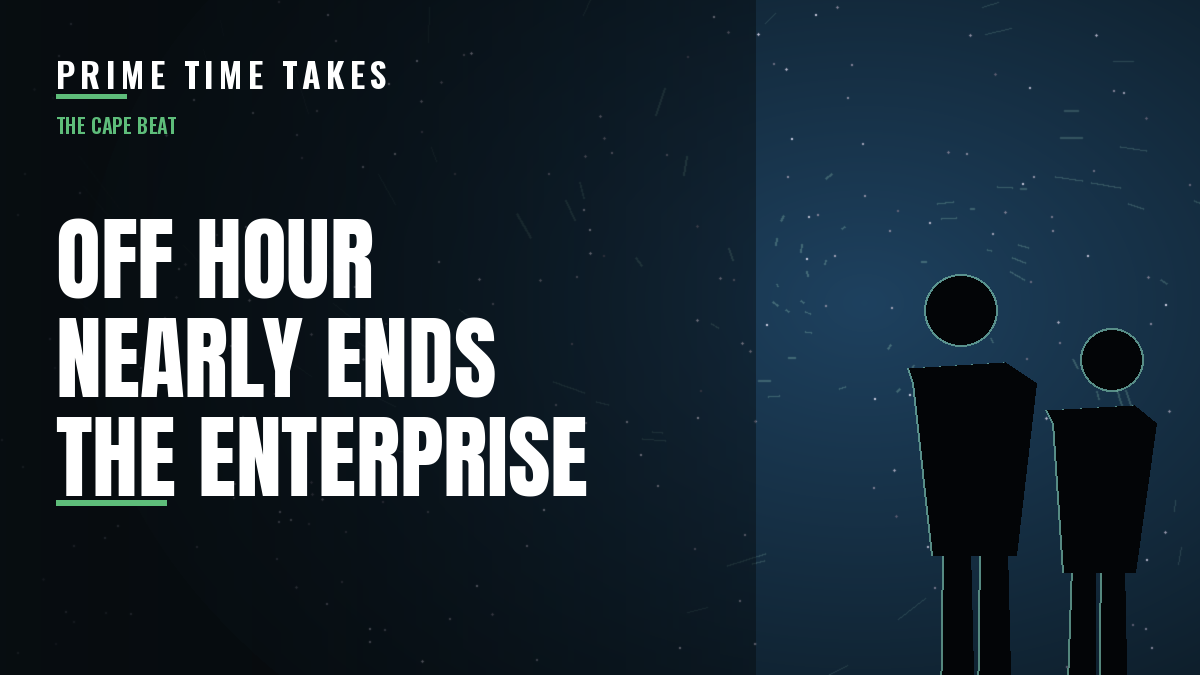 Prime Time Takes Cape Beat featured graphic for Star Trek: Strange New Worlds season 4 episode 6 "Off Hour" — two silhouetted crew members facing a glowing slipstream wormhole, headline reads "Off Hour Nearly Ends the Enterprise"
