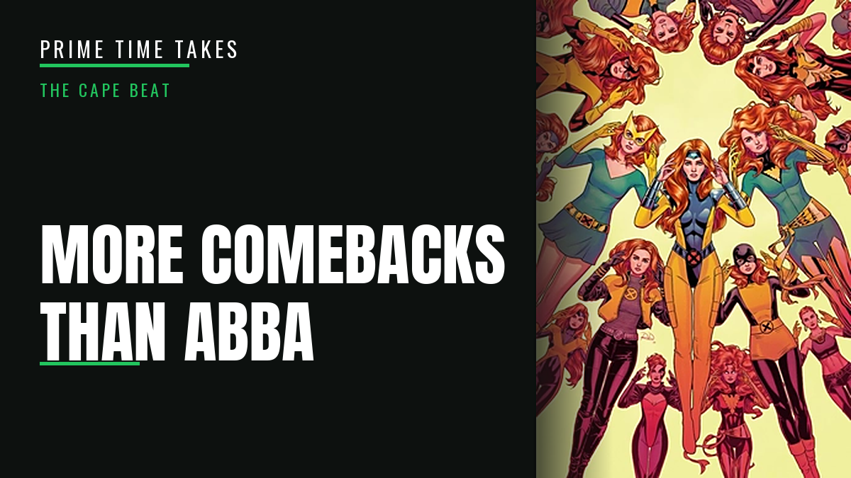 Multiple Jean Grey Phoenix variants surrounding a central figure in X-Men uniform, comic cover art