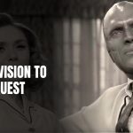White Vision's journey from WandaVision to VisionQuest begins here — Wanda and Vision in WandaVision's glitching suburban reality