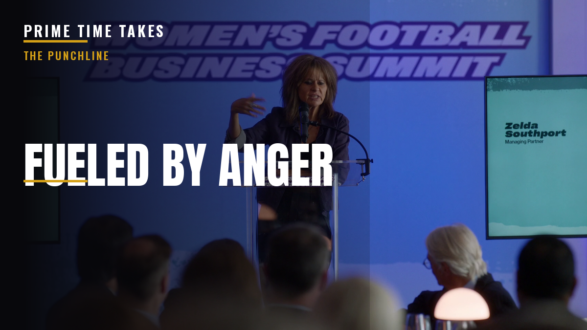 Zelda Southport speaking at the Women's Football Business Summit in Ted Lasso Season 4, with a "Fueled by Anger" Punchline headline overlay