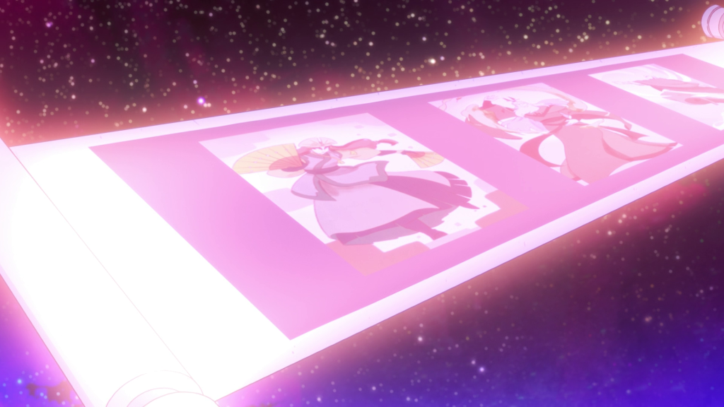 A glowing pink scroll floats among the stars, with painted panels of past Avatars. The nearest panels show Avatar Kyoshi holding open fans and Avatar Roku.
