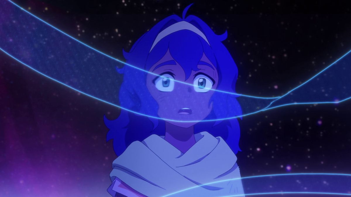 Pavi in glowing blue looks wide-eyed and shaken, with bright lines of light stretched across her face.
