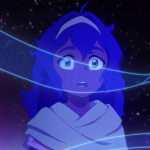 Pavi in glowing blue looks wide-eyed and shaken, with bright lines of light stretched across her face.