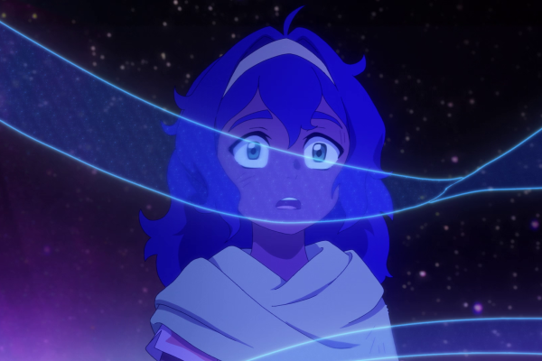 Pavi in glowing blue looks wide-eyed and shaken, with bright lines of light stretched across her face.