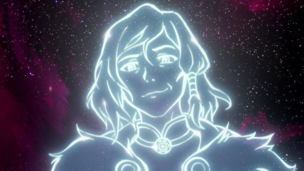 Avatar Korra as a glowing, star-filled spirit outline against a night sky, smiling warmly with a proud look.
