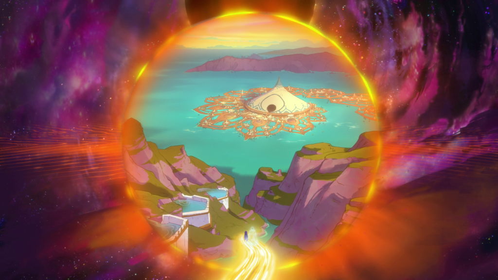 A glowing orange portal opens onto a city of golden platforms on turquoise water, with a white cone-shaped dome at its center and two small figures walking down a glowing path toward it.