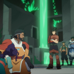 Karthik kneels with Nisha clinging to his back as three White Lotus members stand with arms crossed in Avatar: Seven Havens