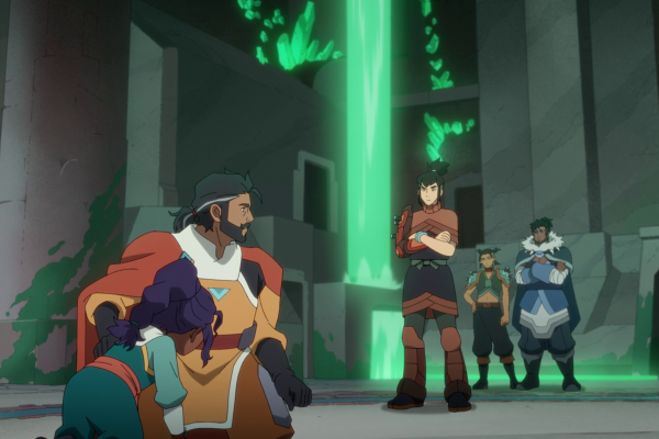 Karthik kneels with Nisha clinging to his back as three White Lotus members stand with arms crossed in Avatar: Seven Havens