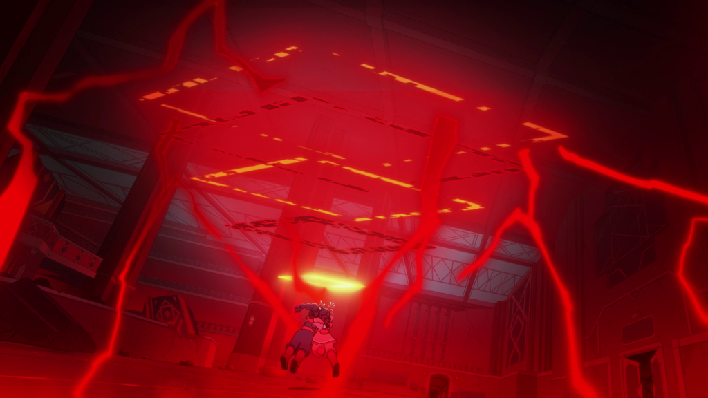The red-black entity fills a hall with red lightning as two figures hold on to each other in Avatar: Seven Havens
