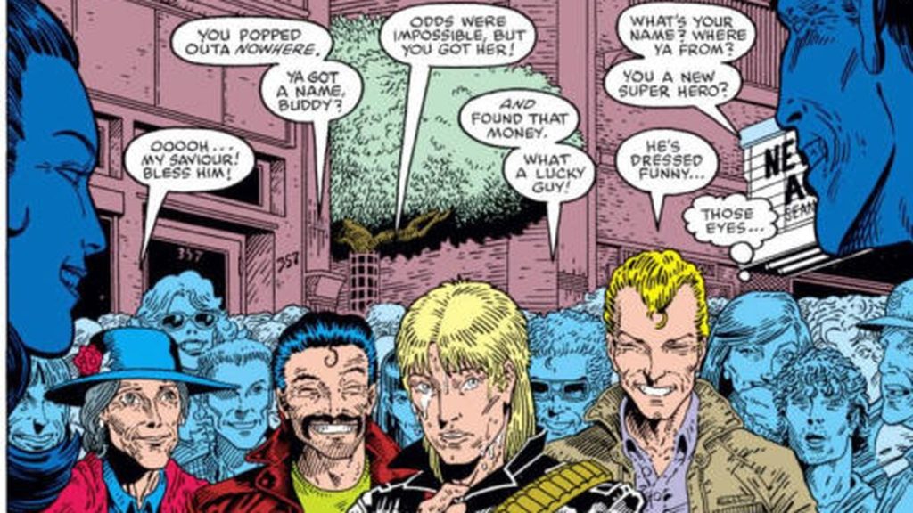 Longshot stands wide-eyed in a crowd of onlookers calling him a lucky guy, in a classic Marvel comic panel.” If you want the keyphrase in there, it only reads naturally as: “Longshot in a classic comic panel, the lucky stranger at the center of this Longshot Mindhunter noir pitch.