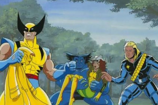 Longshot stands beside Wolverine, Beast and Rogue in a frame from the 1990s X-Men animated series