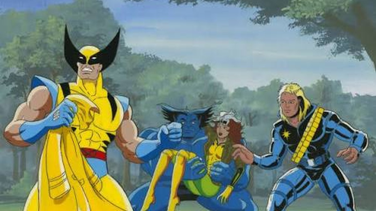 Longshot stands beside Wolverine, Beast and Rogue in a frame from the 1990s X-Men animated series