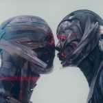 Ultron and Jocasta kiss, their metallic synthetic faces pressed together against a pale sky, in VisionQuest